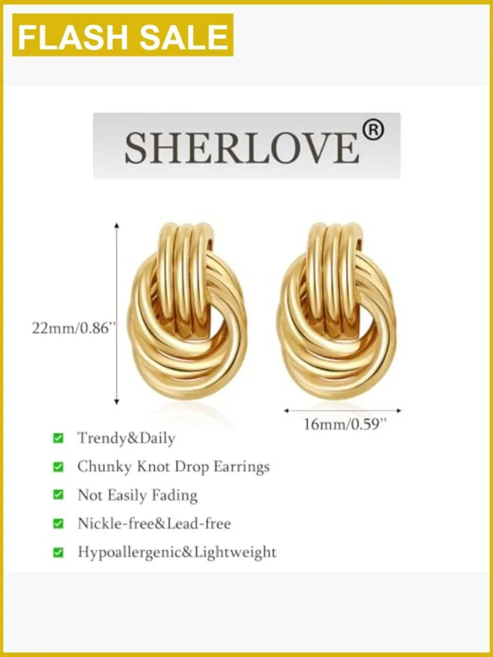Gold Plated Knot Drop Dangle Earrings Lightweight Hypoallergenic Statement